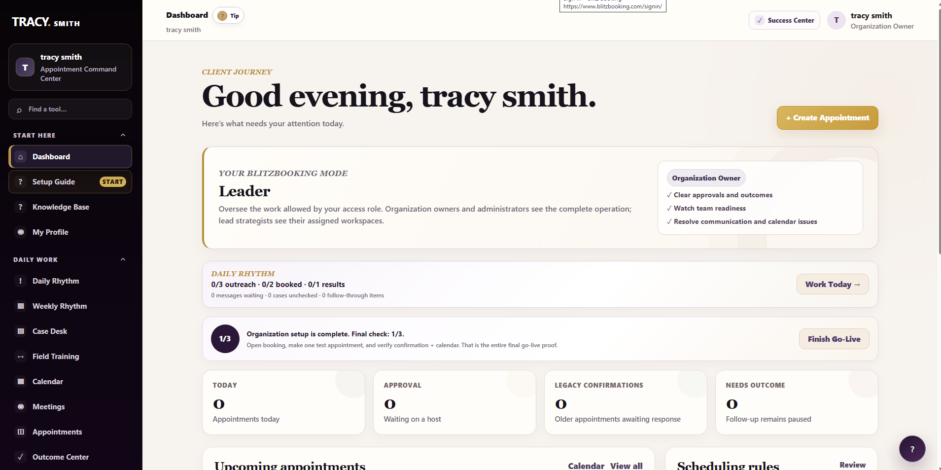 BlitzBooking dashboard showing daily operations and client journey health