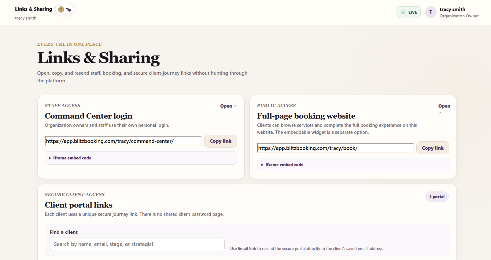 BlitzBooking Links and Sharing