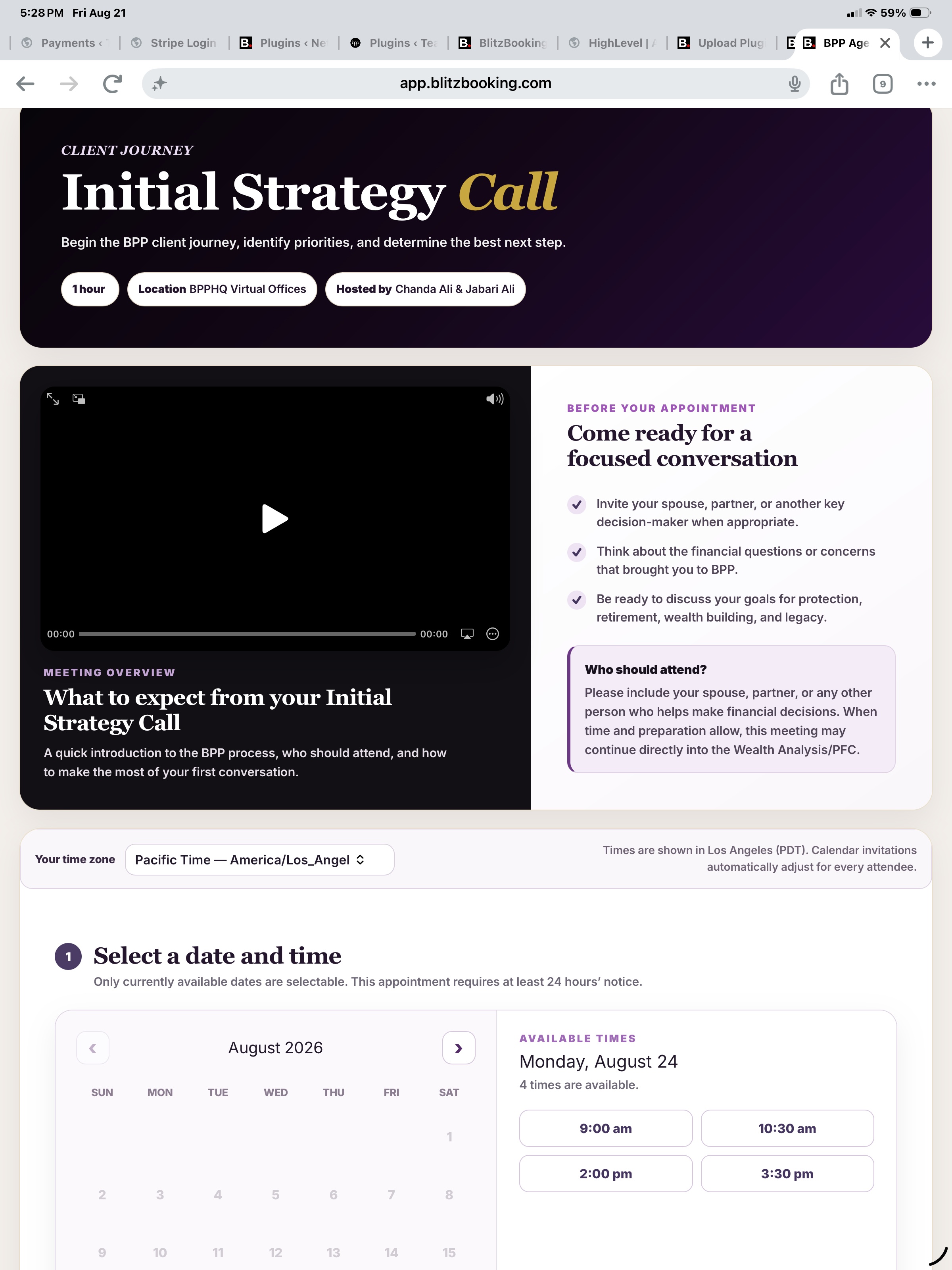 BlitzBooking appointment page with video and booking calendar